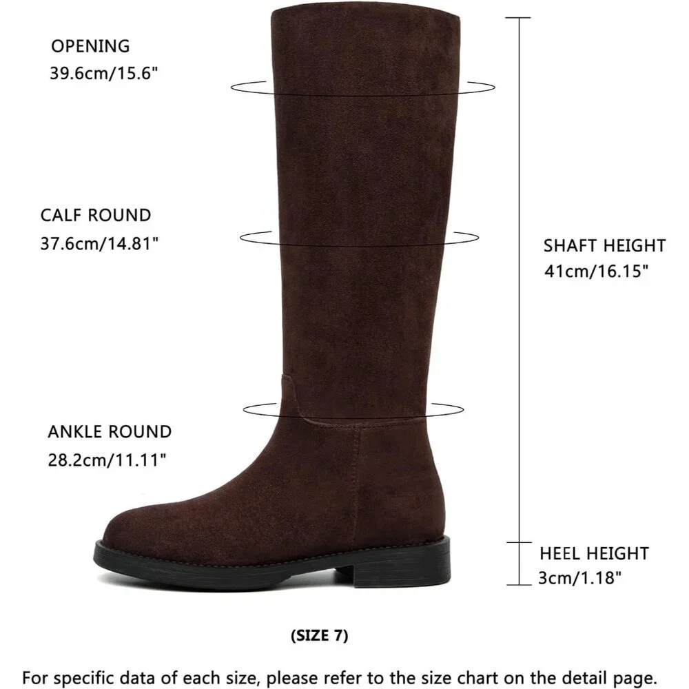 Women's Dark Brown Suede Chunky Low Heels Toe Side Zipper Knee High Boots Rubber
